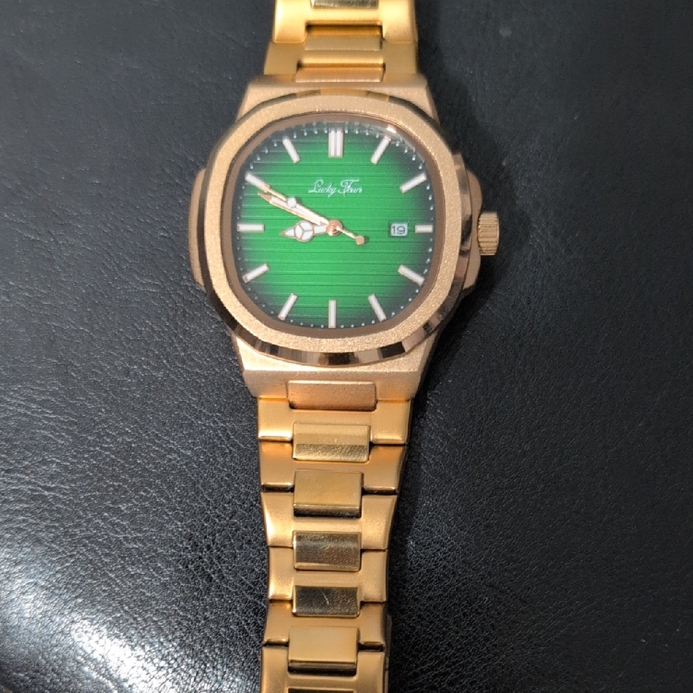Gold Stainless Steel Watch with Green Dial